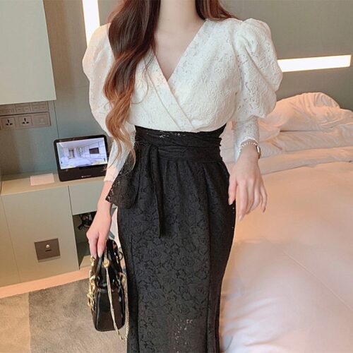 V-Neck Puff Sleeves Lace Hook Flowers Contrast Fishtail Midi Dress