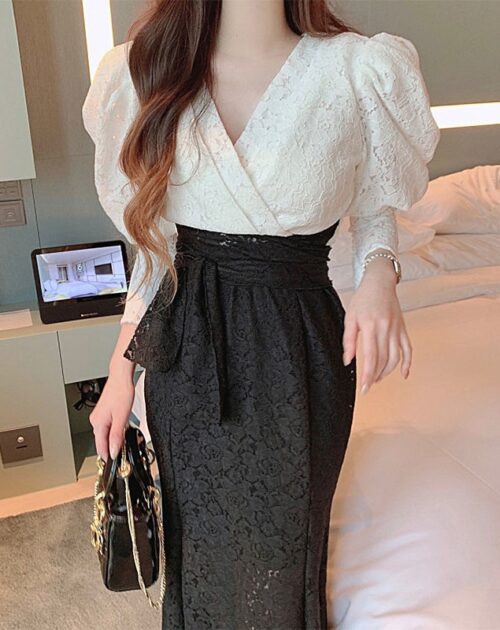V-Neck Puff Sleeves Lace Hook Flowers Contrast Fishtail Midi Dress