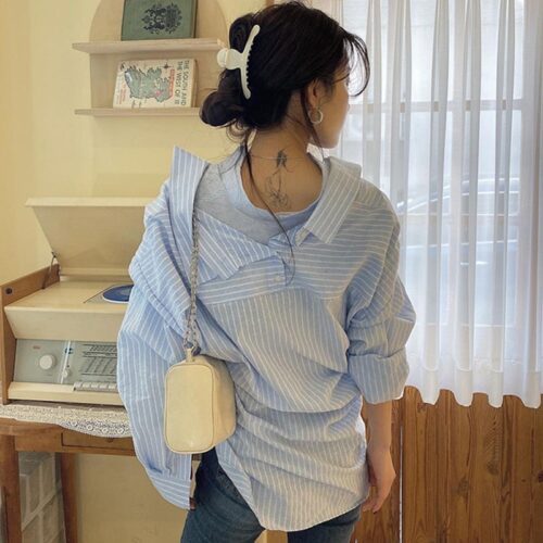 Spring / Autumn Turn-down Collar Long Sleeves Asymmetrical Patchwork Striped Lace-Up Blouse - Image 3