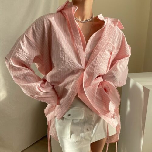 Spring / Autumn Turn-down Collar Long Sleeves Asymmetrical Patchwork Striped Lace-Up Blouse - Image 5