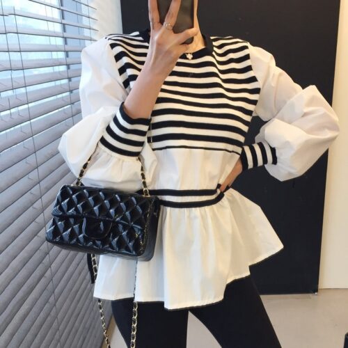 O-Neck Puff Sleeves Patchwork Striped Blouse