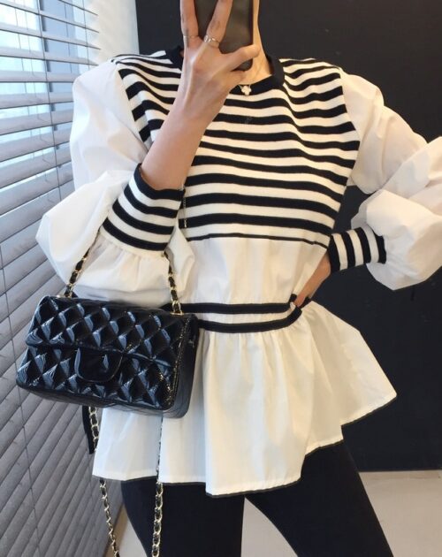 O-Neck Puff Sleeves Patchwork Striped Blouse