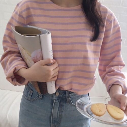 Spring / Autumn Korean O-Neck Long Sleeves Striped T-Shirt - Image 2