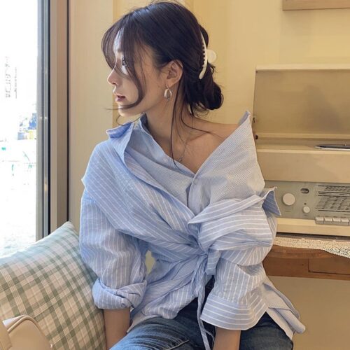 Spring / Autumn Turn-down Collar Long Sleeves Asymmetrical Patchwork Striped Lace-Up Blouse - Image 4