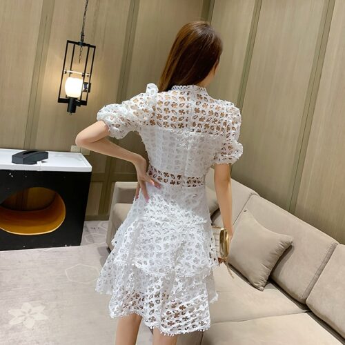Summer O-Neck Short Sleeves Lace Hollow Out Crochet Layered Mini Dress - Image 5