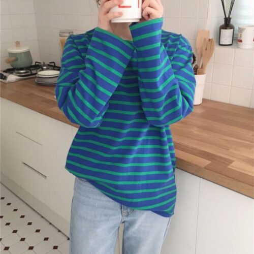 Spring / Autumn Korean O-Neck Long Sleeves Striped T-Shirt - Image 6