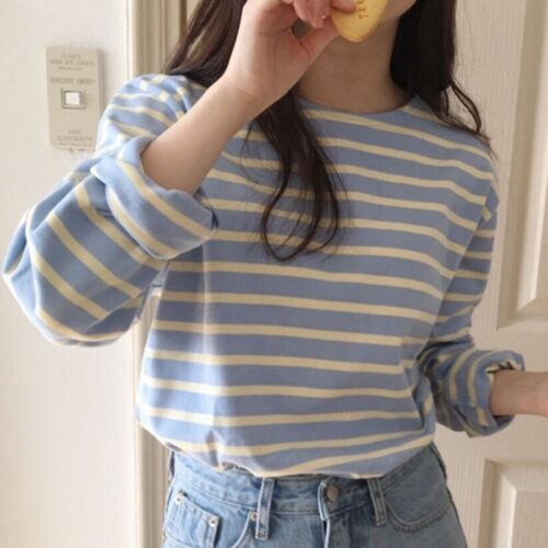Spring / Autumn Korean O-Neck Long Sleeves Striped T-Shirt - Image 5
