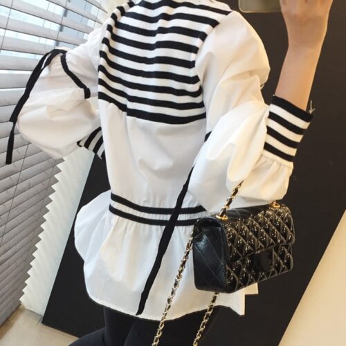 Spring / Autumn Korean O-Neck Puff Sleeves Patchwork Striped Blouse - Image 3