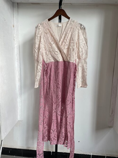 Spring / Autumn Crossover V-Neck Puff Sleeves Lace Hook Flowers Contrast Fishtail Midi Dress - Image 5