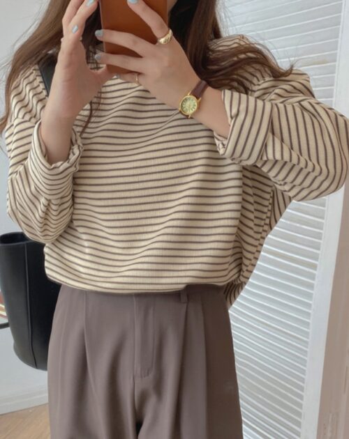 O-Neck Long Sleeves Cotton Loose-Fitting Striped T-Shirt