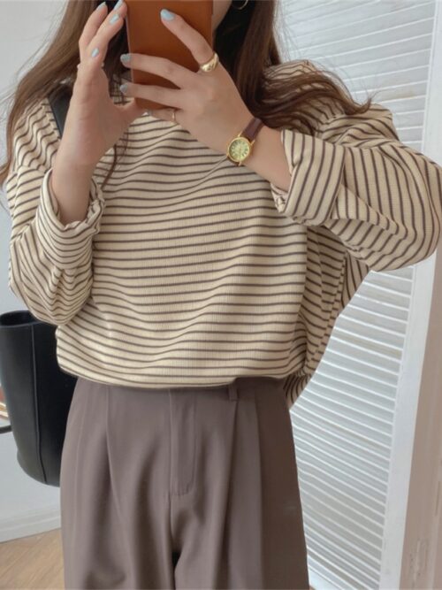 O-Neck Long Sleeves Cotton Loose-Fitting Striped T-Shirt