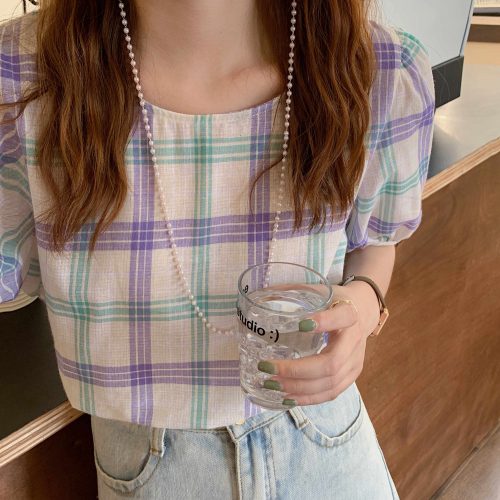Summer O-Neck Puff Sleeves Loose Plaid Blouse - Image 7