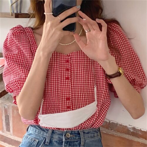 Summer V-Neck Puff Sleeves High Waist Plaid Buttons Blouse