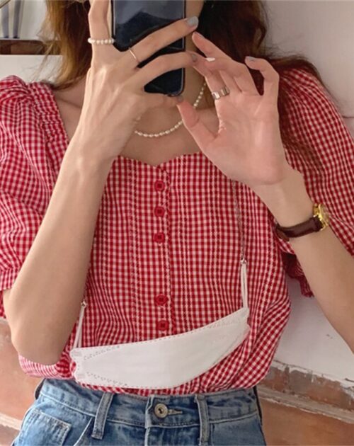 Summer V-Neck Puff Sleeves High Waist Plaid Buttons Blouse