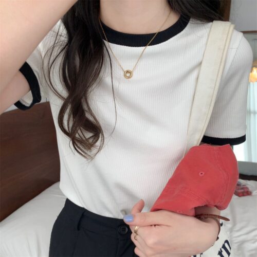 Summer O-Neck Short Sleeves Contrast T-Shirt - Image 6