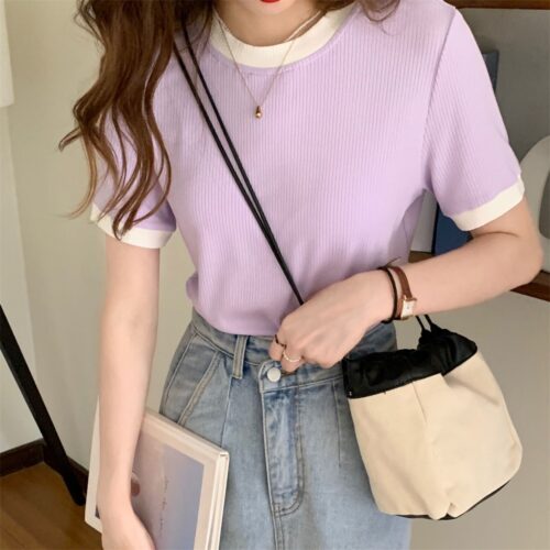 Summer O-Neck Short Sleeves Contrast T-Shirt - Image 4