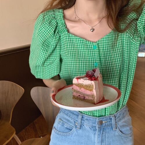 Summer V-Neck Puff Sleeves High Waist Plaid Buttons Blouse - Image 7