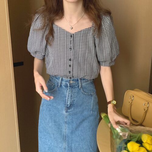 Summer V-Neck Puff Sleeves High Waist Plaid Buttons Blouse - Image 3
