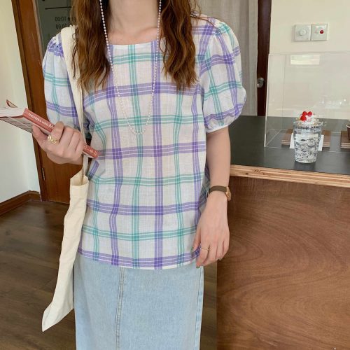 Summer O-Neck Puff Sleeves Loose Plaid Blouse - Image 8