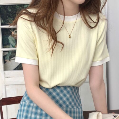 Summer O-Neck Short Sleeves Contrast T-Shirt - Image 5