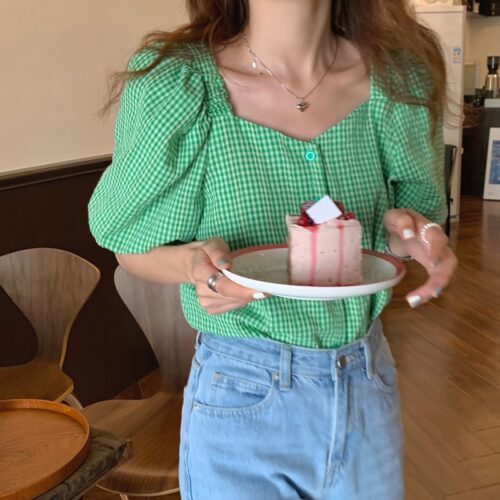 Summer V-Neck Puff Sleeves High Waist Plaid Buttons Blouse - Image 6