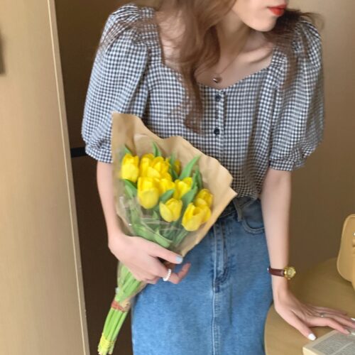 Summer V-Neck Puff Sleeves High Waist Plaid Buttons Blouse - Image 5