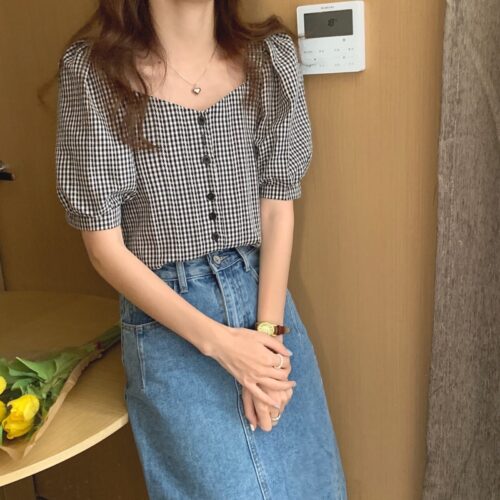 Summer V-Neck Puff Sleeves High Waist Plaid Buttons Blouse - Image 4