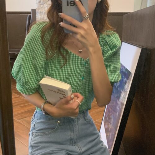 Summer V-Neck Puff Sleeves High Waist Plaid Buttons Blouse - Image 8