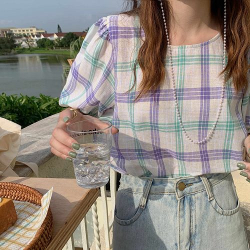 Summer O-Neck Puff Sleeves Loose Plaid Blouse - Image 6
