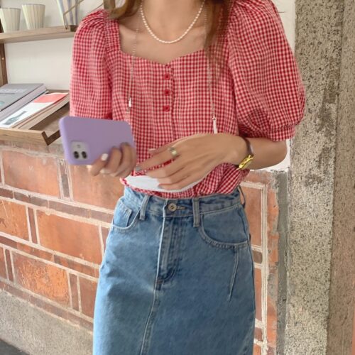 Summer V-Neck Puff Sleeves High Waist Plaid Buttons Blouse - Image 2