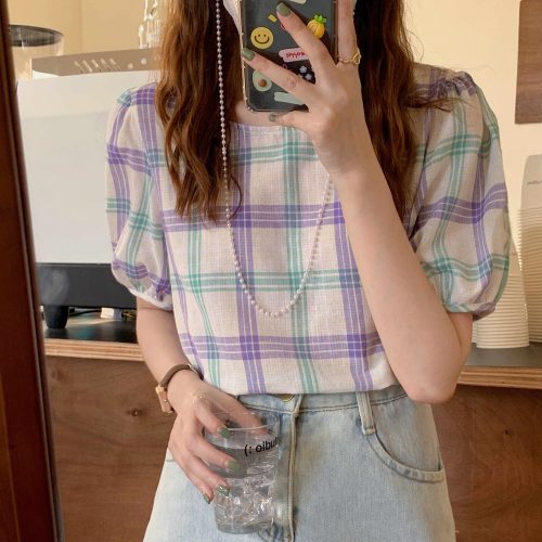 Summer O-Neck Puff Sleeves Loose Plaid Blouse - Image 5