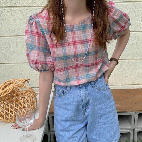 Summer O-Neck Puff Sleeves Loose Plaid Blouse - Image 2