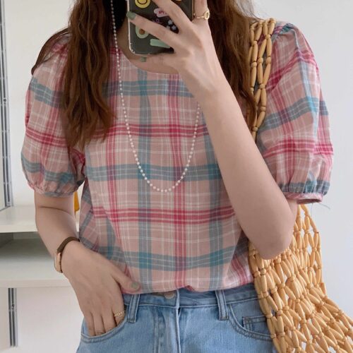 Summer O-Neck Puff Sleeves Loose Plaid Blouse