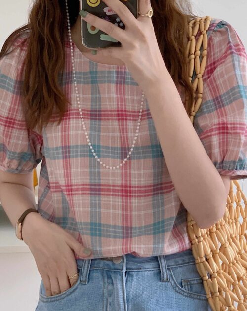 Summer O-Neck Puff Sleeves Loose Plaid Blouse
