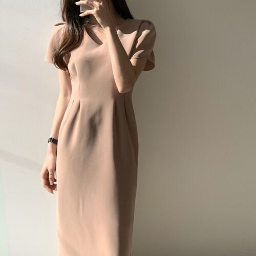 V-Neck Short Sleeves High Waist Solid Midi Dress
