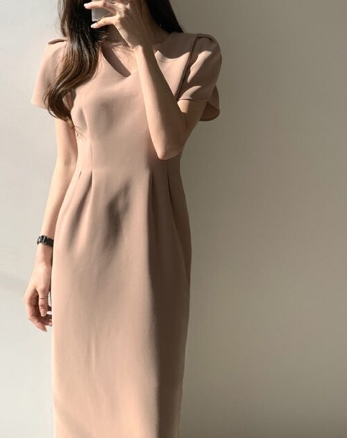 V-Neck Short Sleeves High Waist Solid Midi Dress