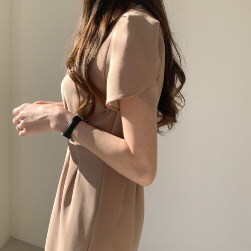 Summer V-Neck Short Sleeves High Waist Solid Midi Dress - Image 3