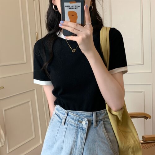 Summer O-Neck Short Sleeves Contrast T-Shirt - Image 2