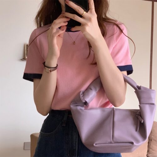 Summer O-Neck Short Sleeves Contrast T-Shirt