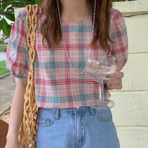Summer O-Neck Puff Sleeves Loose Plaid Blouse - Image 3