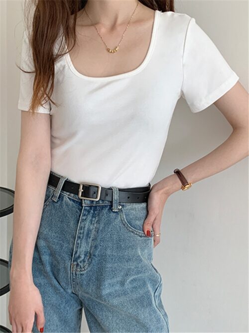 Summer Square Collar Short Sleeves Cotton Solid T-Shirt - Image 5