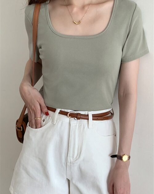 Square Collar Short Sleeves Cotton Solid T-Shirt