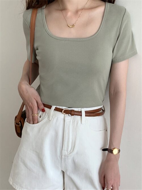Square Collar Short Sleeves Cotton Solid T-Shirt