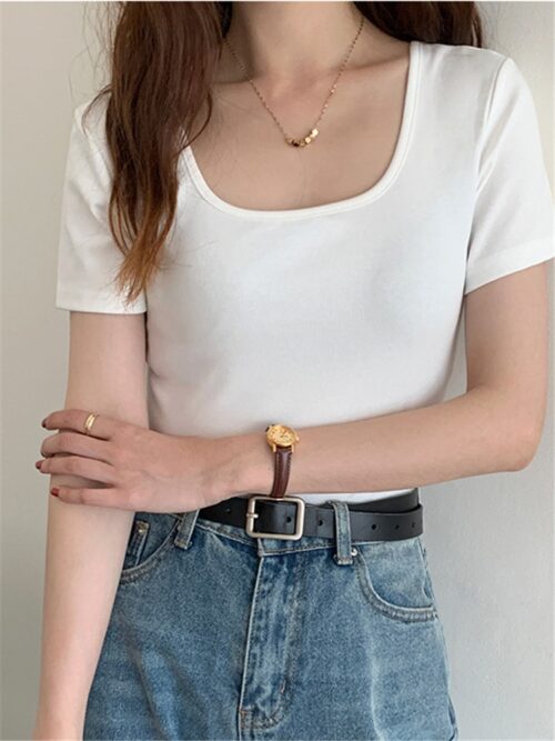 Summer Square Collar Short Sleeves Cotton Solid T-Shirt - Image 6