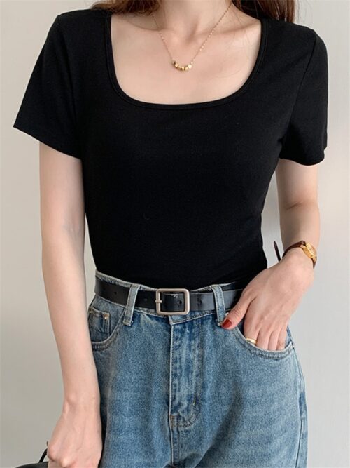 Summer Square Collar Short Sleeves Cotton Solid T-Shirt - Image 3