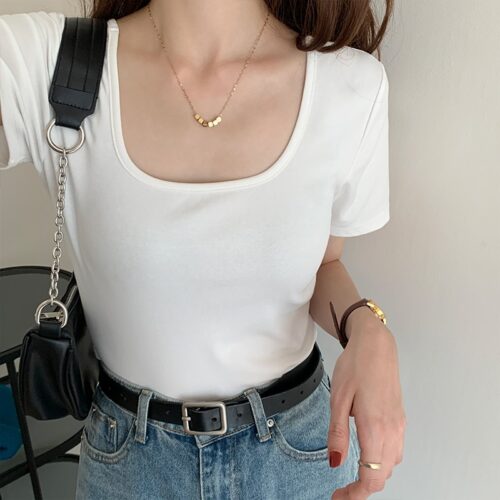 Summer Square Collar Short Sleeves Cotton Solid T-Shirt - Image 7