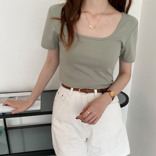 Summer Square Collar Short Sleeves Cotton Solid T-Shirt - Image 2