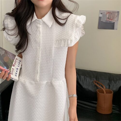 Summer Turn-Down Collar Sleeveless Ruffles Solid Mini Dress - Image 2