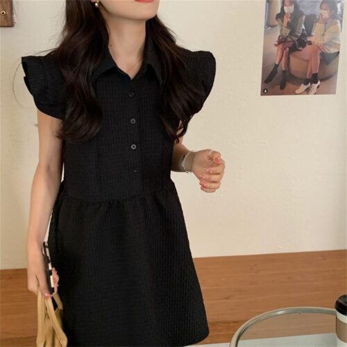 Summer Turn-Down Collar Sleeveless Ruffles Solid Mini Dress - Image 4
