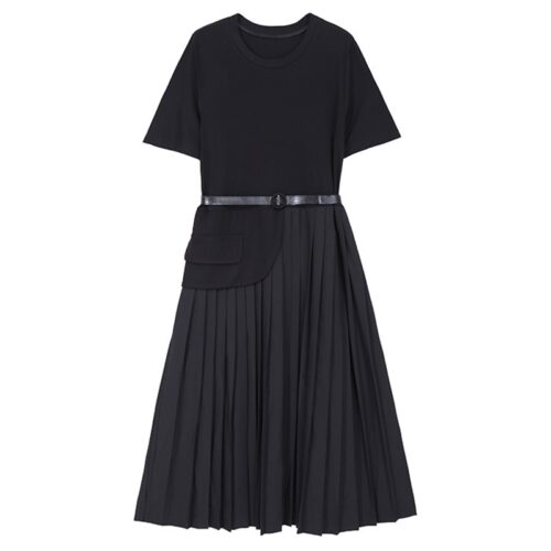 Summer O-Neck Short Sleeves Asymmetrical Pleated Dress with Belt - Image 6